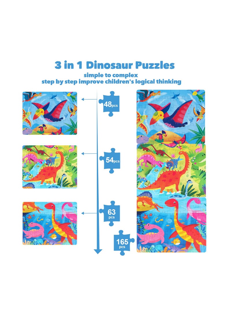 3-in-1 Educational Wooden Jigsaw Puzzles for Kids Ages 3-5, 48-60 Pieces Dinosaur Puzzles, Perfect Learning Gift for Toddler Boys and Girls, Fun and Engaging Preschool Toys.