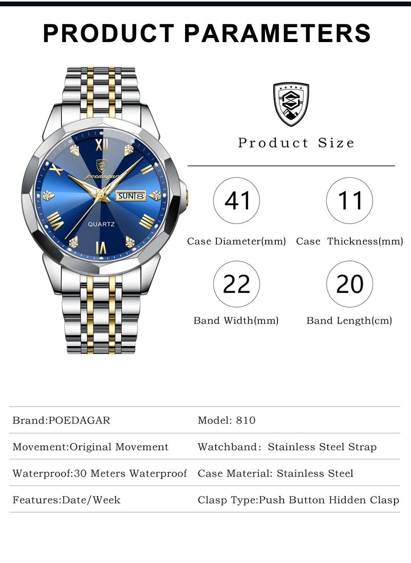 POEDAGAR Waterproof Luminous Men's Watch Quartz，Men's Wrist Watches