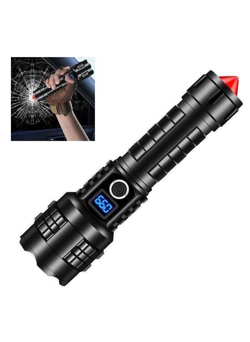 Strong flashlight P70 power Display Flashlight Outdoor Long Range High Power Aluminum Alloy Strong Light Flashlight Power Bank 5000mah with Breakable window safty hammer waterproof