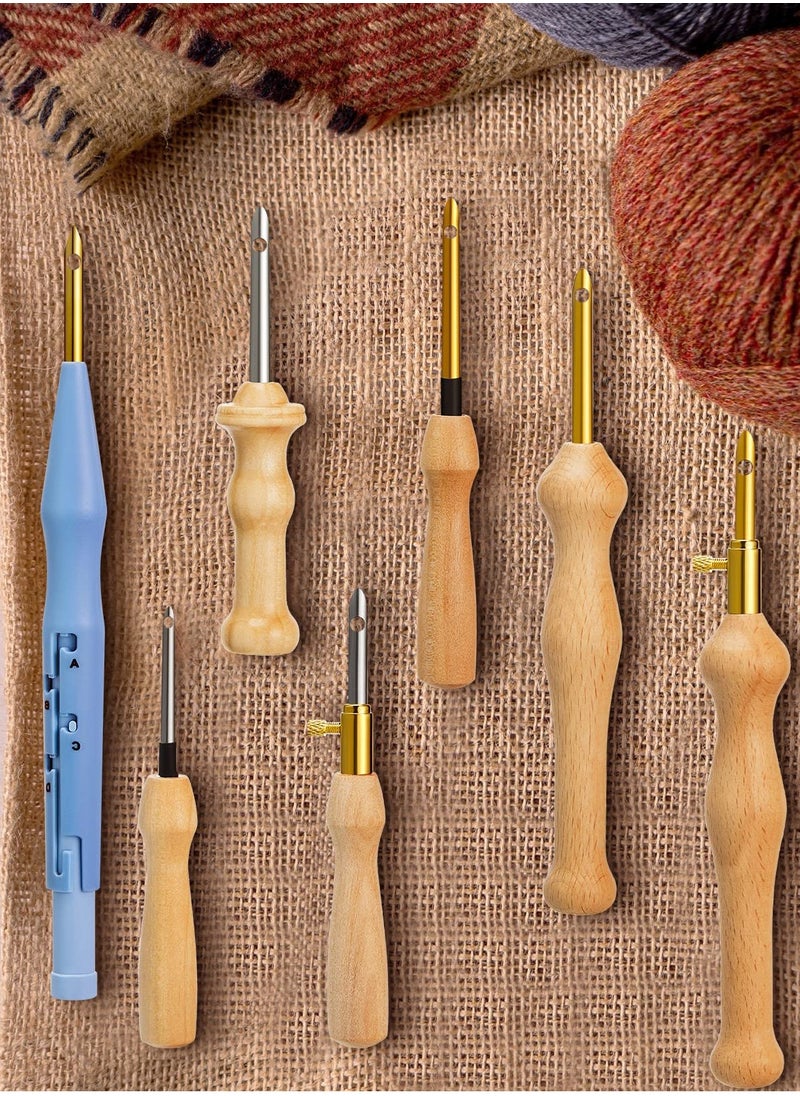 Punch Needle Embroidery Kits, 7 Pcs Adjustable Rug Yarn Punch Needle, Wooden Handle Embroidery Pen,Embroidery Hoops,scissors, Needle Threader, Punch Needle Cloth for DIY Starter Kit