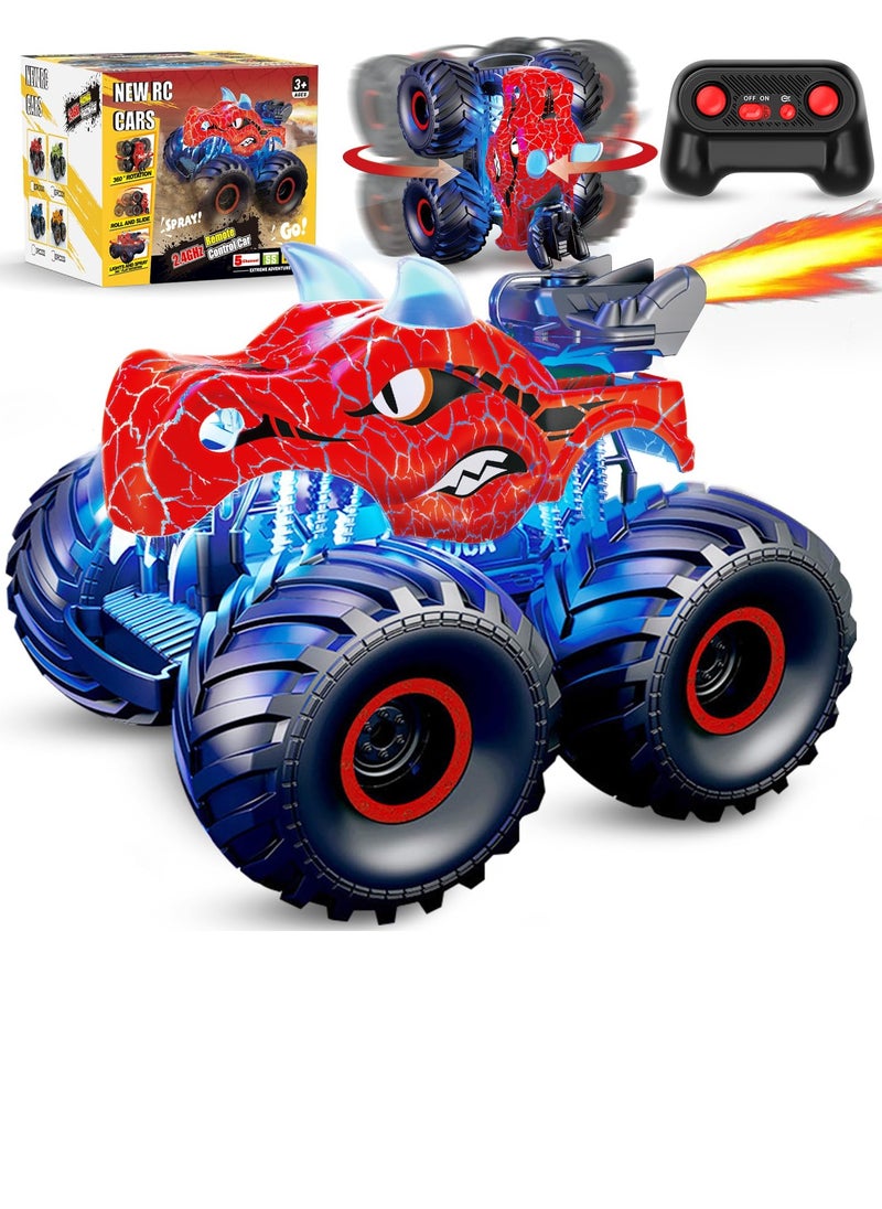 Remote Control Monster Trucks, 2.4 GHz High-Speed RC Dinosaur Car & 360°Stunt 2 Rechargeable Batteries，Dinosaur Toys for Kids 3 4 5 6 7 8 (Red)