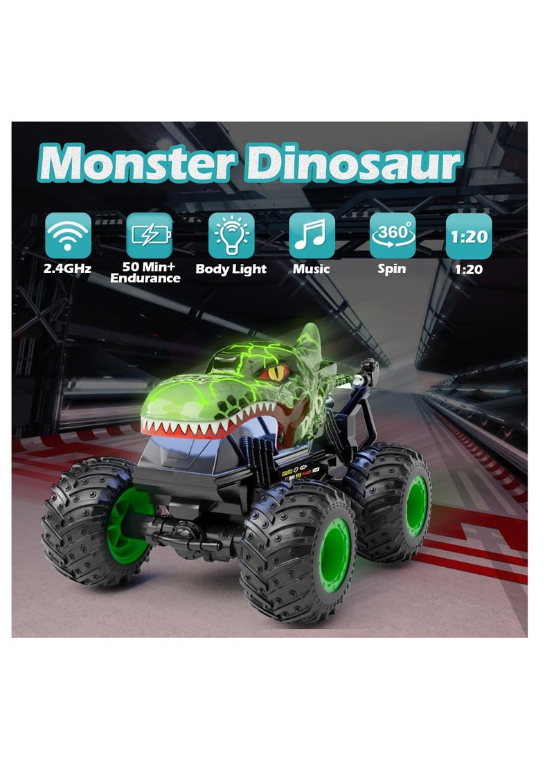 Remote Control Monster Trucks, 2.4GHz Dinosaur Remote Control Cars, Fast Stunt Car Off Road Crawler with 2 Rechargeable Batteries, Toy Gifts for 4-12 Year Old Boys and Girls (Green)