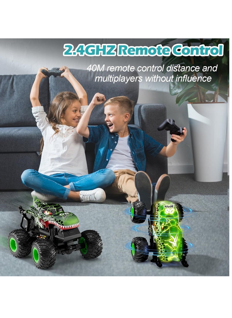 Remote Control Monster Trucks, 2.4GHz Dinosaur Remote Control Cars, Fast Stunt Car Off Road Crawler with 2 Rechargeable Batteries, Toy Gifts for 4-12 Year Old Boys and Girls (Green)