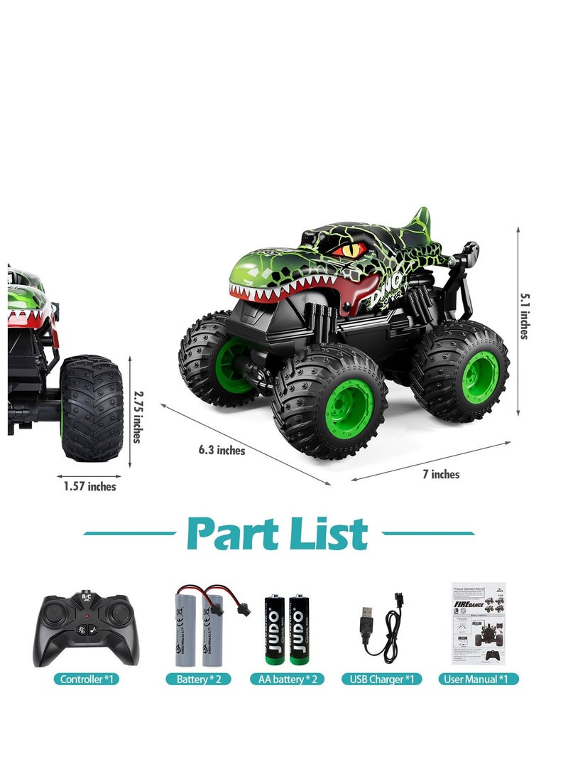 Remote Control Monster Trucks, 2.4GHz Dinosaur Remote Control Cars, Fast Stunt Car Off Road Crawler with 2 Rechargeable Batteries, Toy Gifts for 4-12 Year Old Boys and Girls (Green)
