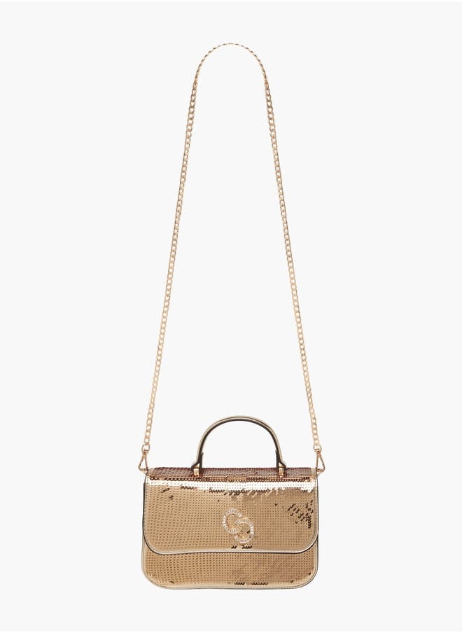 Women Embellished Satchel Bag with Button Closure and Chain Strap