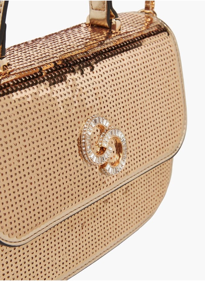 Women Embellished Satchel Bag with Button Closure and Chain Strap