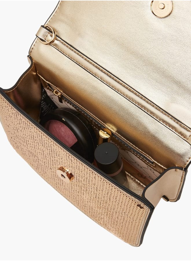 Women Embellished Satchel Bag with Button Closure and Chain Strap