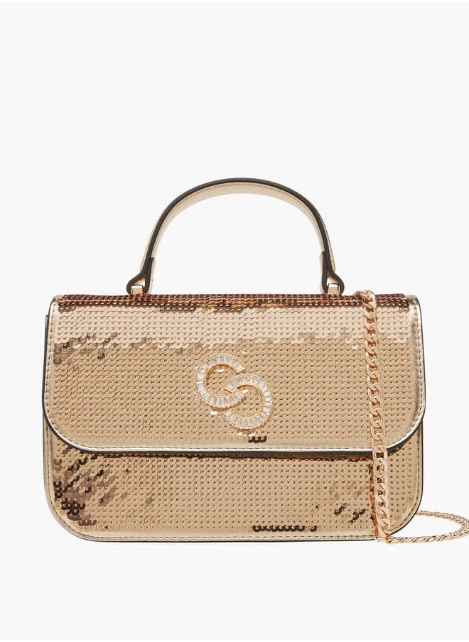 Women Embellished Satchel Bag with Button Closure and Chain Strap