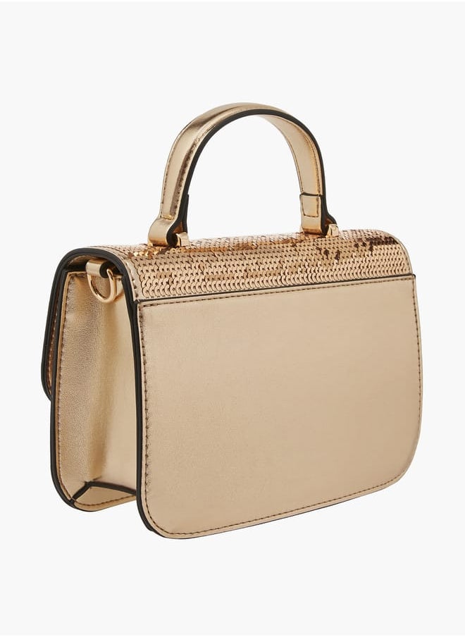 Women Embellished Satchel Bag with Button Closure and Chain Strap