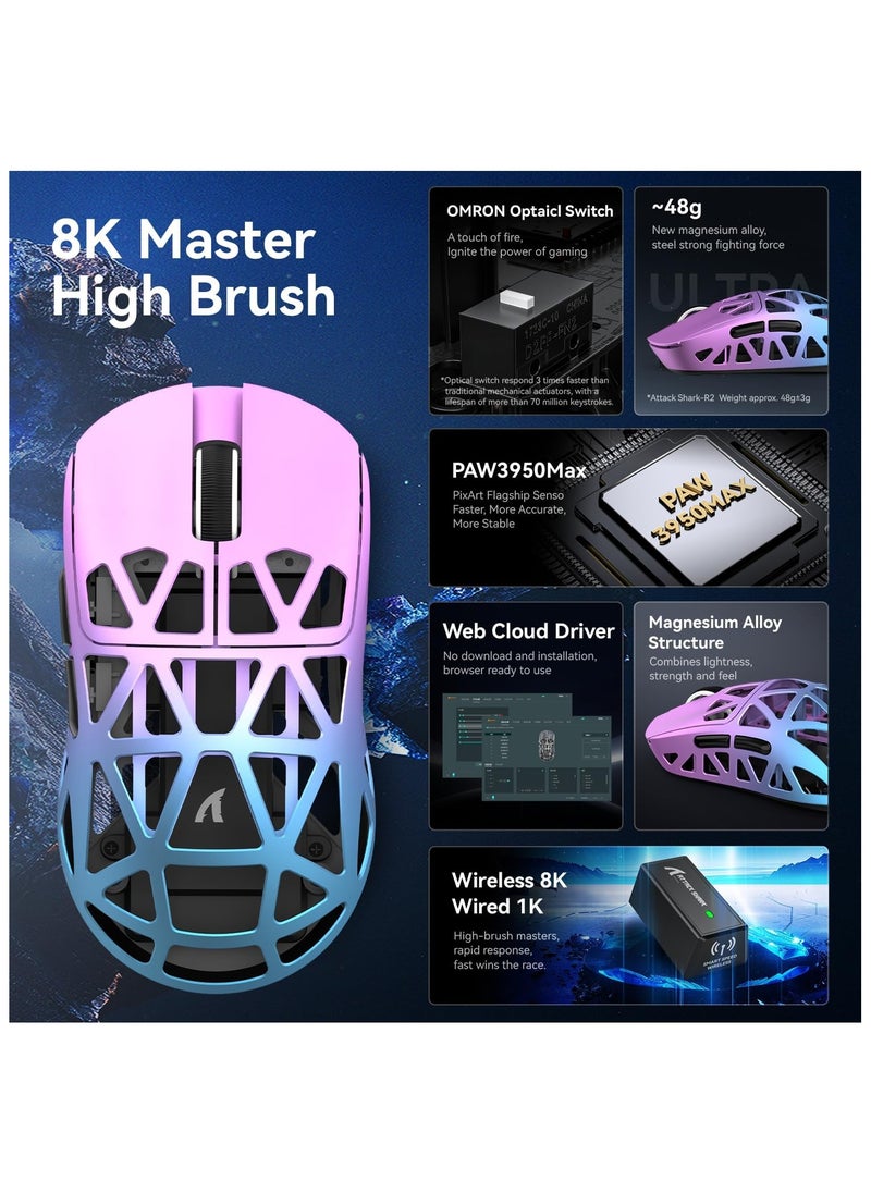 Attack Shark R2 Wireless Gaming Mouse, Superlight Magnesium Alloy, PAW3950 42000 DPI Optical Sensor, 8000Hz Polling Rate, 2.4G/BT/Wired Programmable Mice for Win Mac Gamer (Purple Blue)