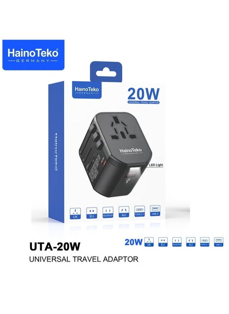 UTA-20W Universal Travel Adapter, 20W Fast Charging with LED Light Indicator, Compact Design for Worldwide Travel, Compatible with Multiple Devices – Black