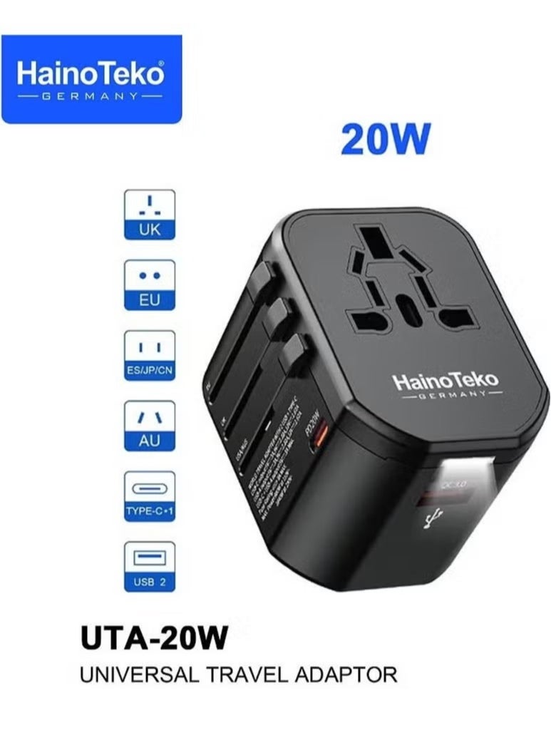 UTA-20W Universal Travel Adapter, 20W Fast Charging with LED Light Indicator, Compact Design for Worldwide Travel, Compatible with Multiple Devices – Black