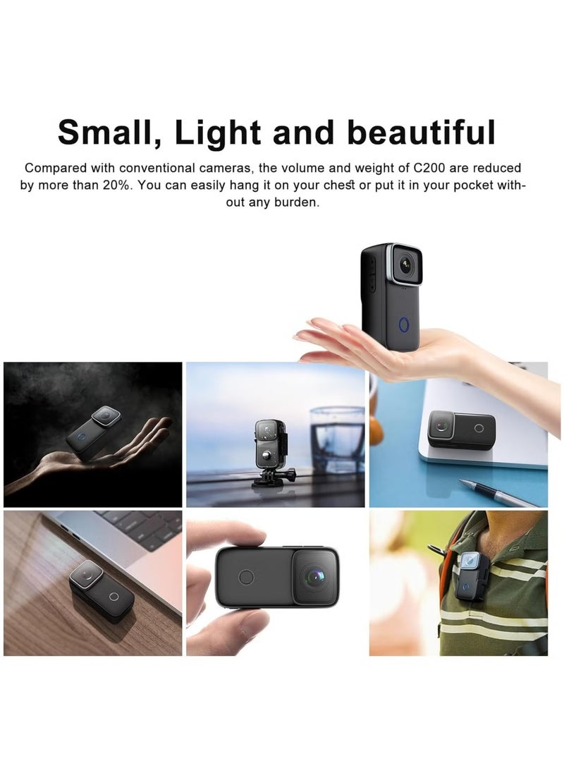 C200 Mini Action Camera, 4k Pocket Camera With Stabilization, Handheld And Wearable Sports Camera, Outdoor Camera For Underwater Sports, Bicycle, Vlogging, (1pc, C200 Black Package)