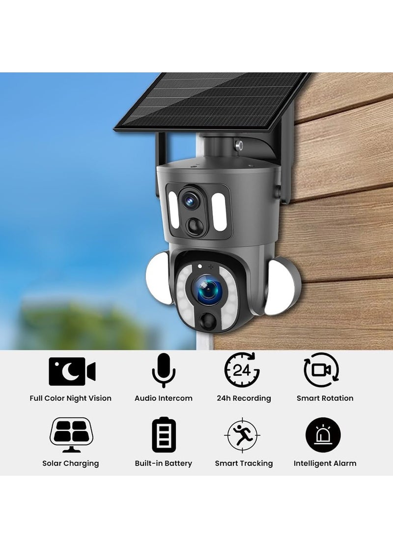 Solar PTZ Security Camera, Waterproof Wireless Dual Lens CCTV Camera, Two Way Audio Surveillance Camera With Human Body Induction For Home Office, (1pc, Black)