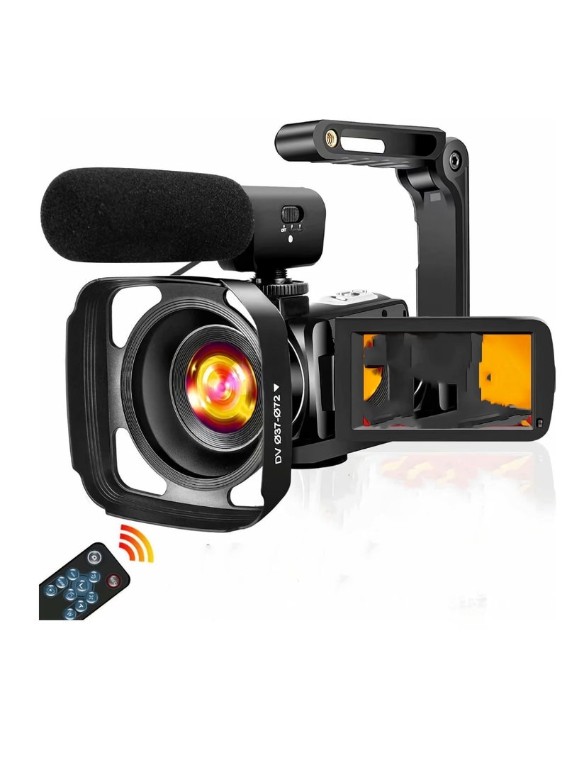 Digital Camera, 4K Ultra HD Handheld DV Professional Digital Video Camera, Face Detection Action Camera With Anti Shaking, (Black Plus Wide Angle Lens 1x Wide Plus Microphone Plus Handheld stabilizer )