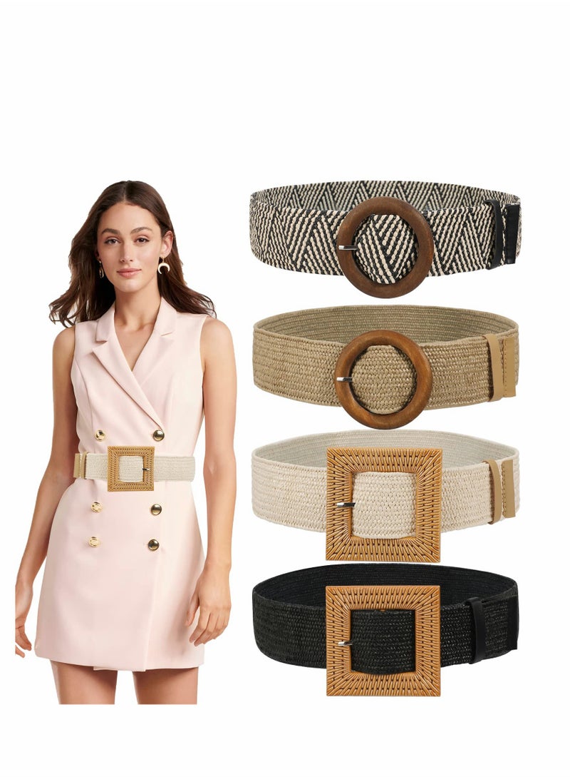 4 Pcs Women Waist Belt, Straw Woven Elastic Stretch Waist Belt