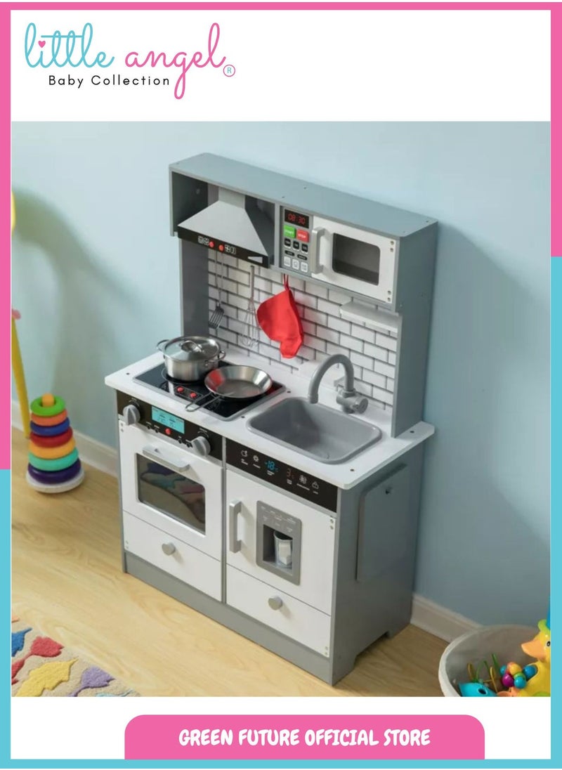 Wooden Kids Kitchen Set - Pretend Play Cooking Playset with Utensils, Fridge, Oven, Sink & Storage - Perfect for Toddlers & Kids