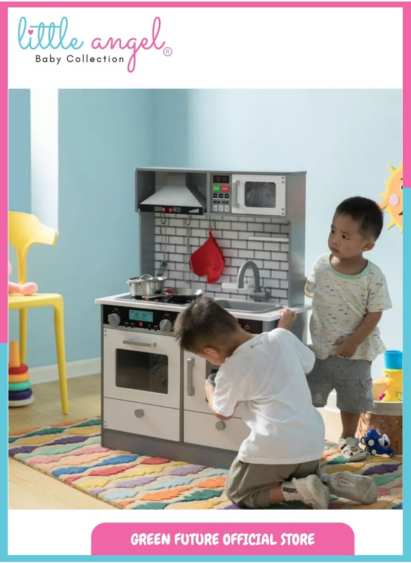 Wooden Kids Kitchen Set - Pretend Play Cooking Playset with Utensils, Fridge, Oven, Sink & Storage - Perfect for Toddlers & Kids