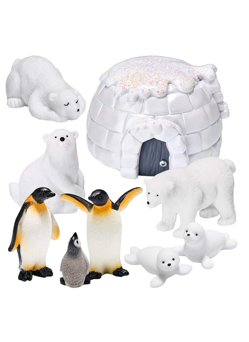 9-Piece Polar Animal Figurine Set with Lighted Igloo - Realistic Toy Figures for Educational Play and Decor