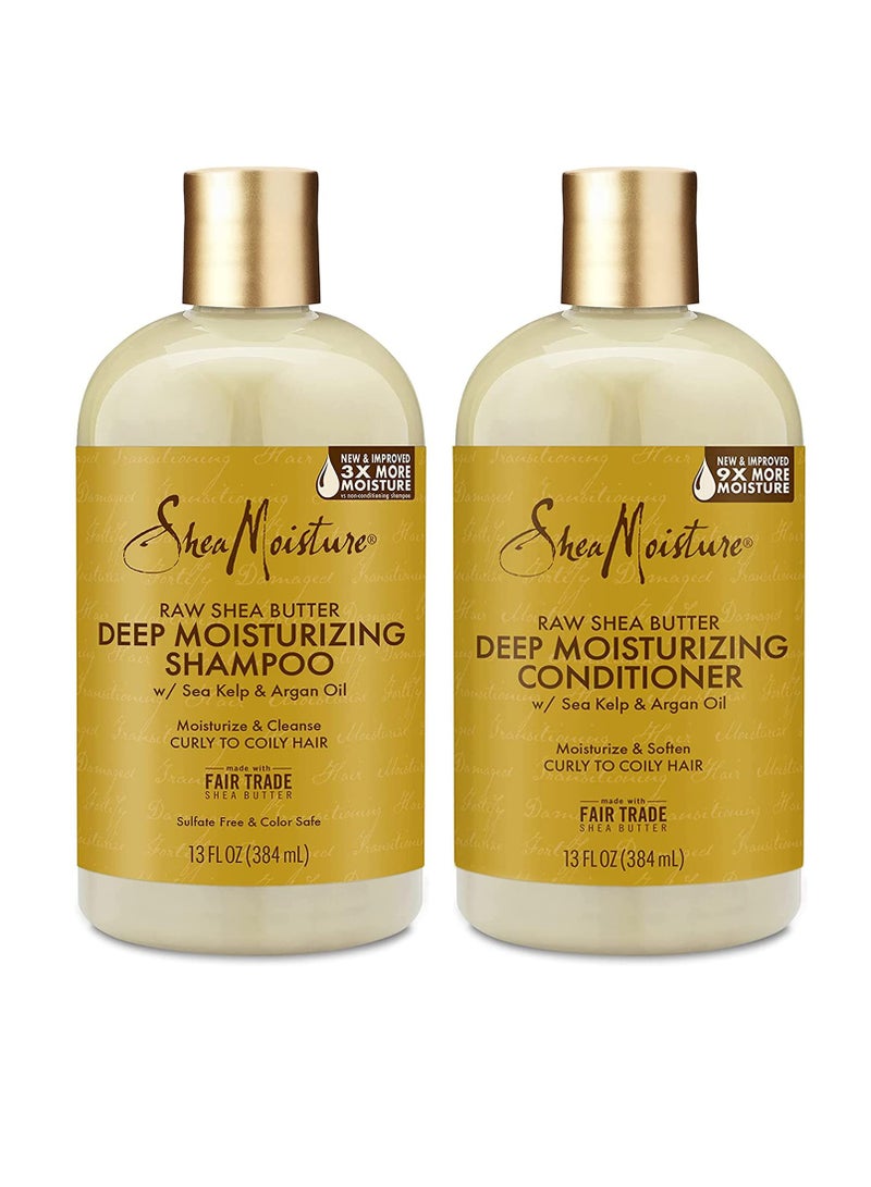 Raw Shea Butter Shampoo and Conditioner Set, Deep Moisturizing with Sea Kelp & Argan Oil, Sulfate Free & Silicone Free, Curly Hair Products, Family Size, 13 Fl Oz (Pack of 2)