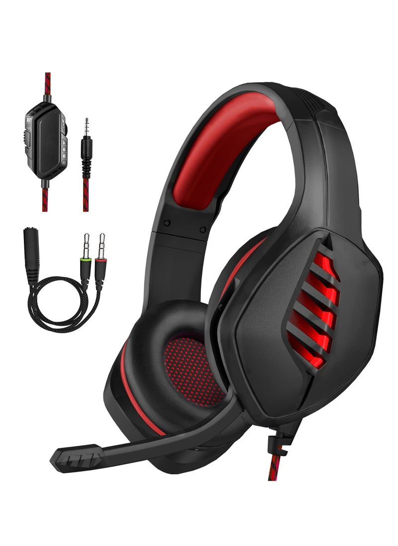 Gaming Headset for PS4 PS5 Xbox One Switch PC with Noise Canceling Mic, Deep Bass Stereo Sound (Black&Red)