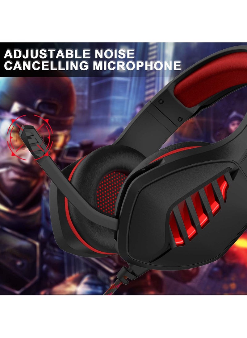 Gaming Headset for PS4 PS5 Xbox One Switch PC with Noise Canceling Mic, Deep Bass Stereo Sound (Black&Red)