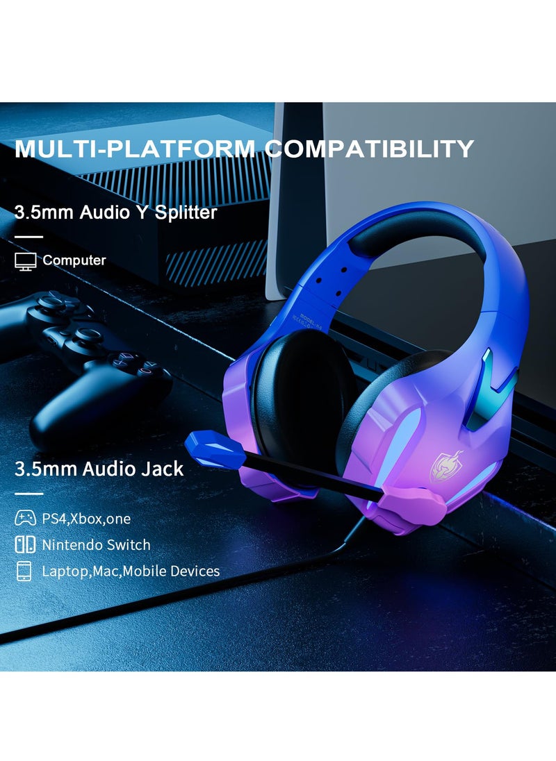 Gaming Headset for PS4 PS5 Xbox One Switch PC with Noise Canceling Mic, Deep Bass Stereo Sound (Violet)