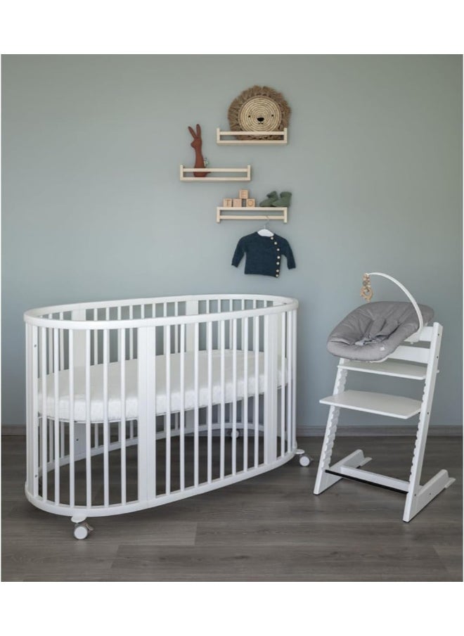 Sleepi V3 Bed Oval Shaped Crib For Baby White, Suitable For 0-5 Years Age, Adjustable Height, Space Saving, Made Up Of Natural Beech Wood