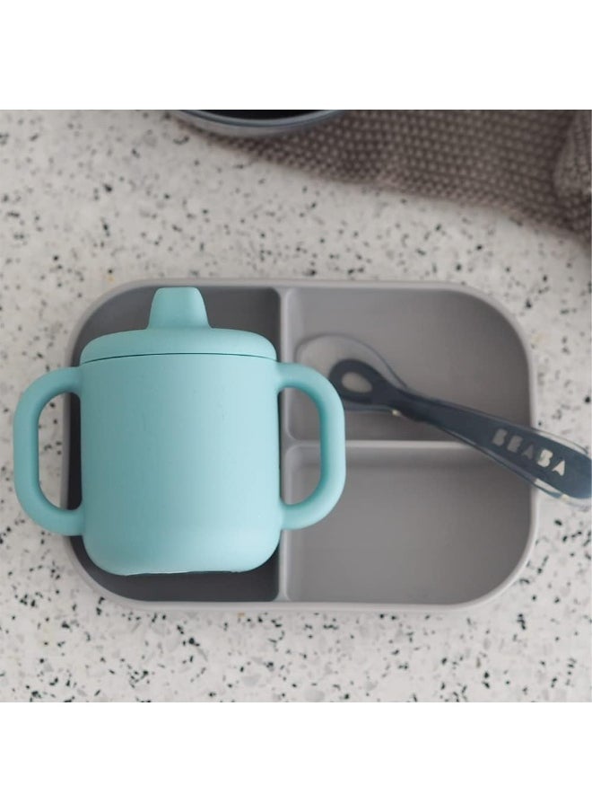 Baby Training Cup, Bottle/Cup Function, 100% Silicone, Large Handles, Easy To Hold, Ergonomic, Soft Spout, Blue