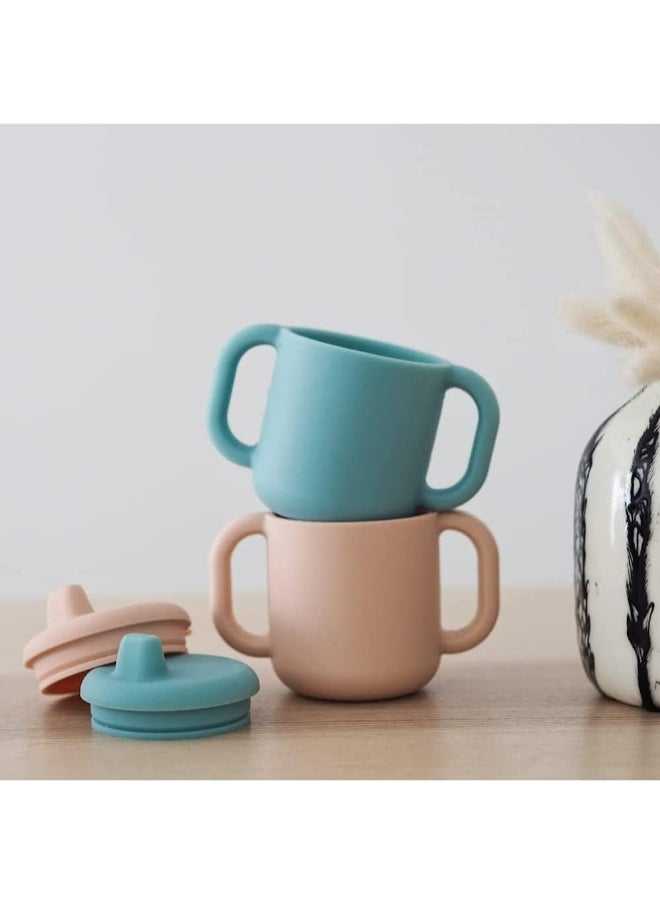 Baby Training Cup, Bottle/Cup Function, 100% Silicone, Large Handles, Easy To Hold, Ergonomic, Soft Spout, Blue