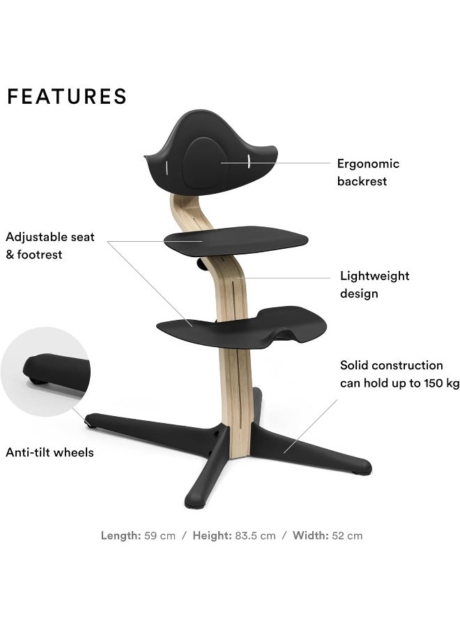 Nomi High Chair Inspires Active Sitting Tool-Free, Seamless Adjustability Includes Stable Footrest And Anti-Tilt Wheels Holds Up To 150 Kg Black/Natural