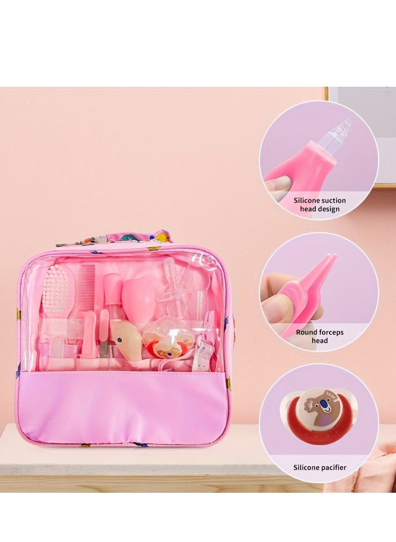 13-Piece Baby Care Kit: Portable Grooming Safety Set with Nasal Aspirator and Tongue Cleaner, Perfect Baby Shower Gift - Pink