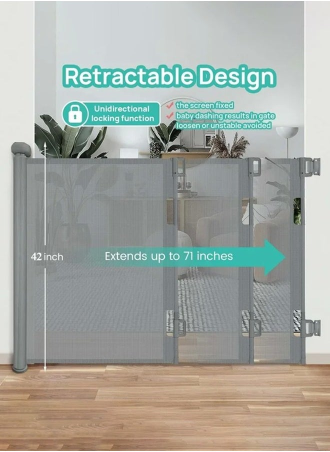 Adjustable Baby Safety Gate For Door or Stairs, Large Size Retractable Baby Gate in 42*71 Inches, Grey