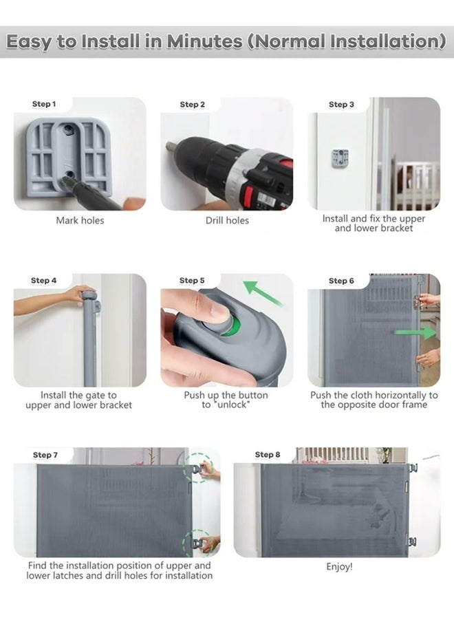 Adjustable Baby Safety Gate For Door or Stairs, Large Size Retractable Baby Gate in 42*71 Inches, Grey