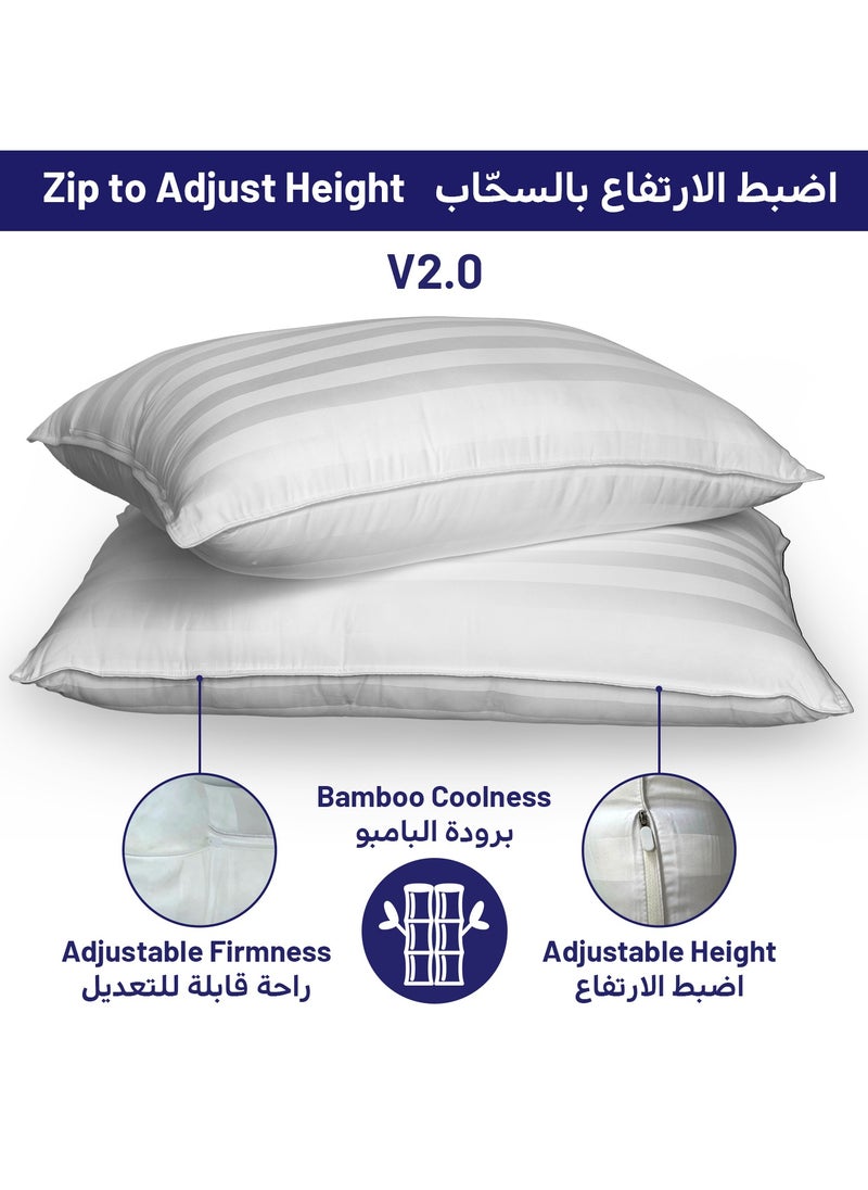 DrSleeep Luxury Adjustable Pillows with Zipper – Down Alternative Fill & 100% Bamboo Cooling Cover, Queen Size (Set of 2) – 1250g Fill, Customizable Firmness, Hypoallergenic, Ultra-Soft, Hotel Quality – White