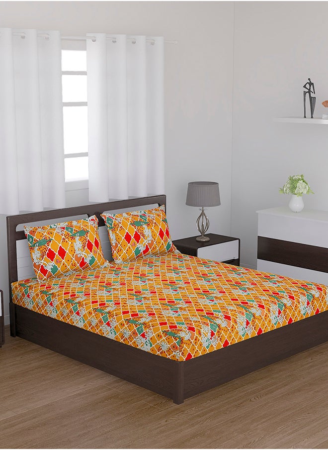 Spring Summer Collection-Cotton Rich Double Bedsheet with 2 Pillow Covers for Bed Room, Home, Hotel-120 GSM, Red-Yellow, 210 X 215 Cm