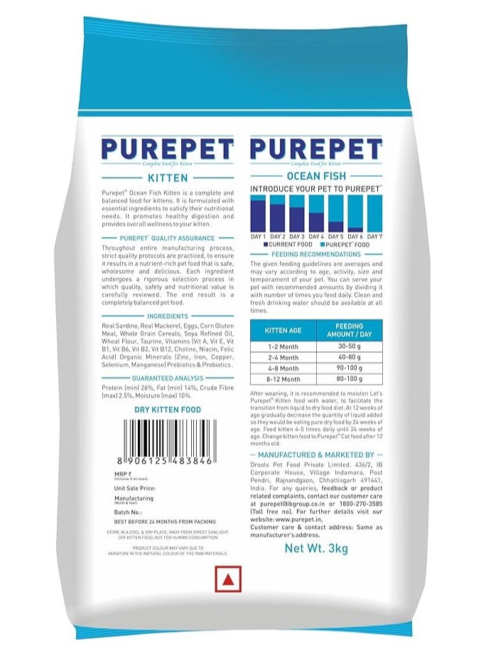 Purepet Kitten Dry Cat Food, Ocean Fish, 3 Kg | DHA For Brain Development, pH Balance For Urinary Care, Omega 3 & 6 For Healthy Skin & Coat| For Weaning Kitten & Mothe