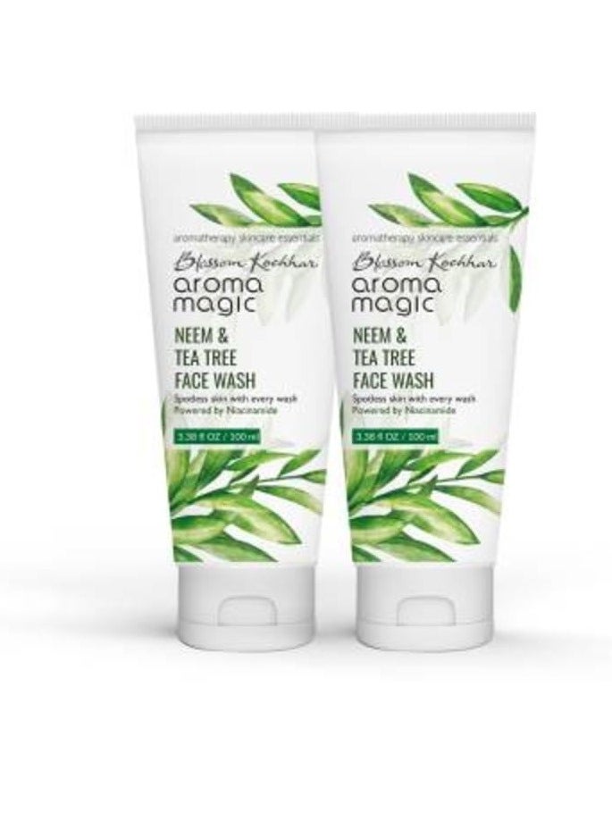 Aroma Magic Neem & Tea Tree Face Wash (Pack of 2) | 3.38 Fl Oz (100ml) | Natural Acne Facial Cleanser | for Men & Women | Hydrating Facewash for Oily & Sensitive Skin