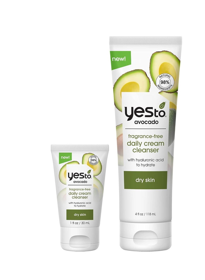 Yes To Avocado Fragrance Free Daily Cream Cleanser Bundle, Hydrating Face Wash, With Hyaluronic Acid & Glycerin, Natural Vegan & Cruelty Free, 1 Full 4 Fl Oz & 1 Travel 1 Fl Oz, 2 Piece Assortment