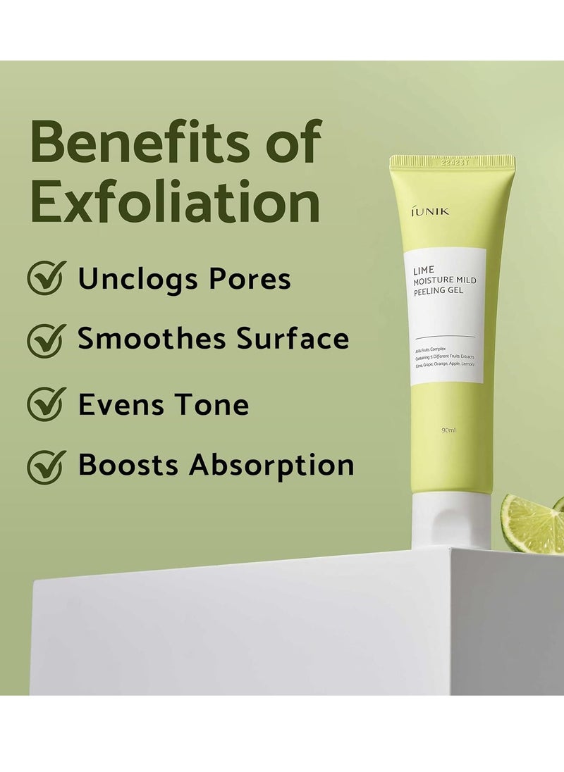 IUNIK Lime Moisture Mild Peeling Gel 3.04 Fl Oz - Gentle Exfoliating Deep Cleansing Glowing - Smooth with AHA & Fruits Complex - Control Sebum Clear Dead Skin Cells Blackheads Pore-Minimizing Vegan
