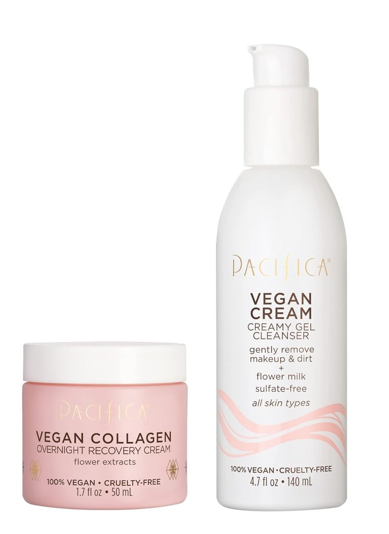 Pacifica Beauty Vegan Collagen Overnight Recovery Cream & Vegan Cream Creamy Gel Cleanser Set, Skincare, Face Wash, Moisturizer, Hyaluronic Acid, For Aging, Dry Skin, 1.7 oz and 4.7 oz (Set of 2)