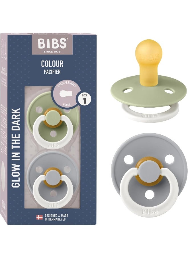 Bibs Colour Glow Soother 2-Pack, Glow In The Dark Bpa Free Dummy Pacifier, Round Natural Rubber Latex, Size 1 , 0-6 Months , Sage Night/Cloud Night