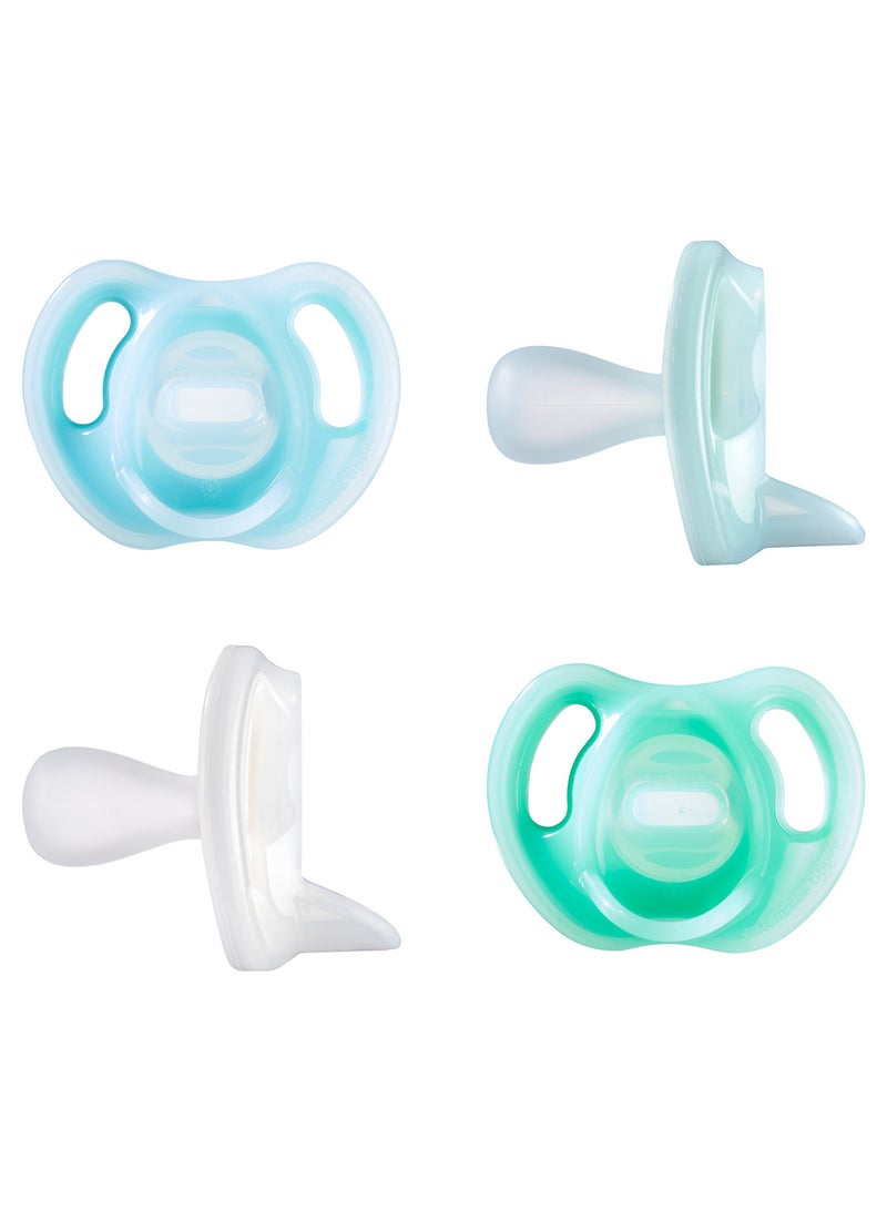 Pack Of 4 Ultra-Light Silicone Pacifiers, Symmetrical Orthodontic Design, 0 - 6 Months