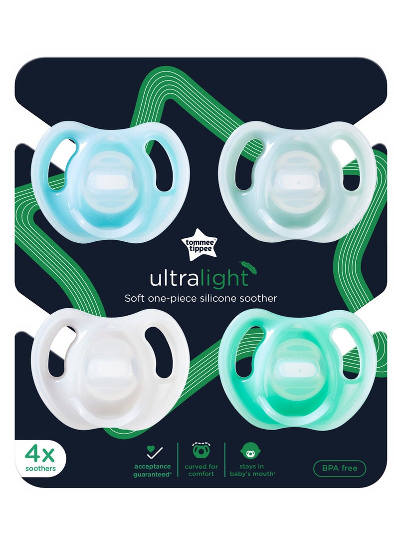 Pack Of 4 Ultra-Light Silicone Pacifiers, Symmetrical Orthodontic Design, 0 - 6 Months