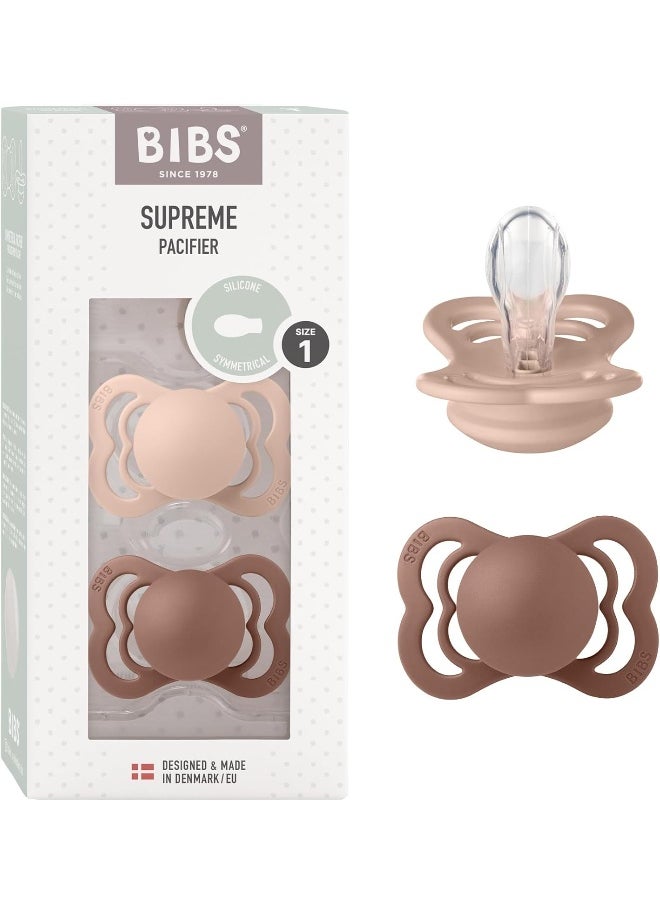 Bibs Supreme Soother 2-Pack, Bpa Free Dummy Pacifier, Symmetrical Silicone, Size 1 , 0-6 Months , Woodchuck/Blush