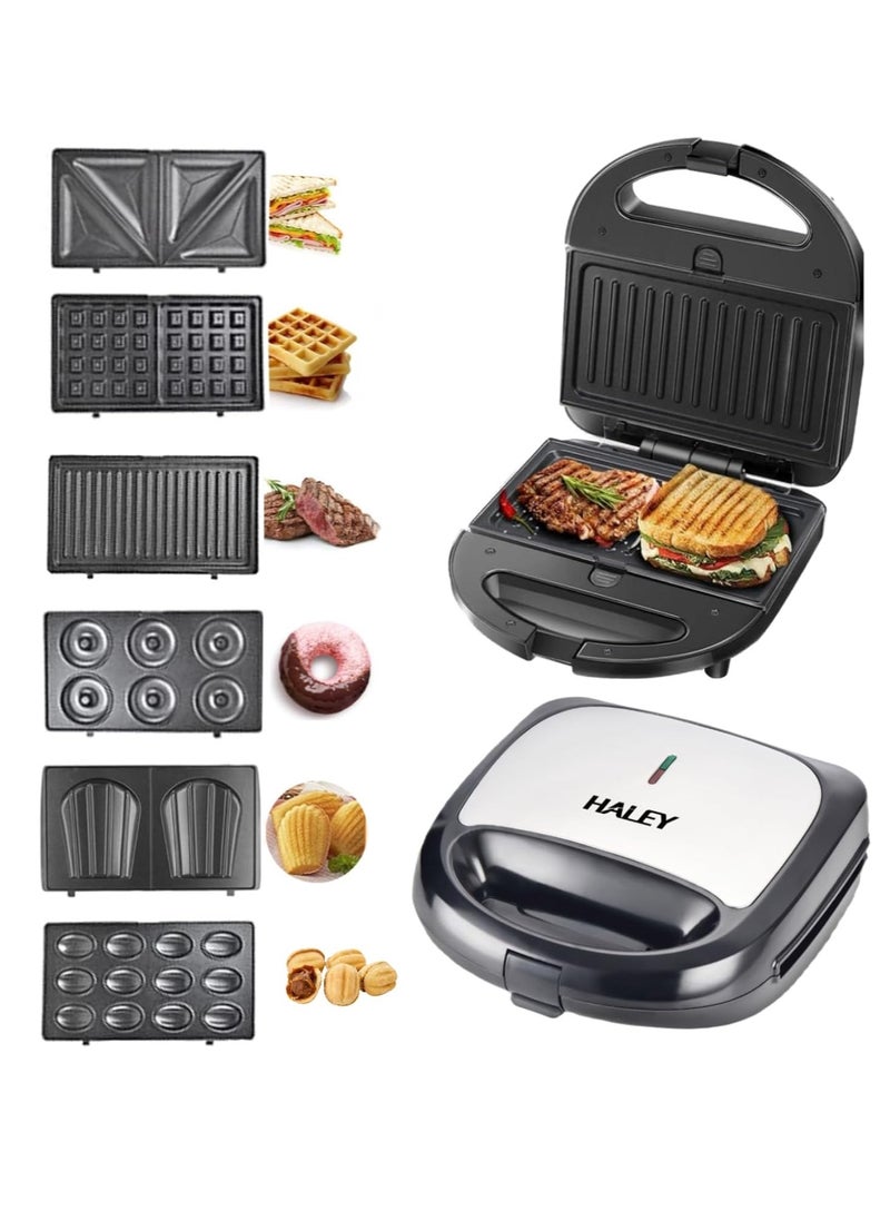 HALEY Sandwich Maker,6-in-1 Multi Snack Maker, Detachable Sandwich, Grill, Waffle Making Plates with Bakelite Coating, 1-Year Warranty (6 In 1)