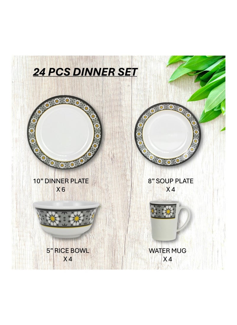 24-Piece Melamine Dinner Set With 6 X 25 Cm Dinner Plate, 4 X 20 Cm Soup Plate, 4 X 13 Cm Rice Bowl, 4 Water Mug, Serves 6, White