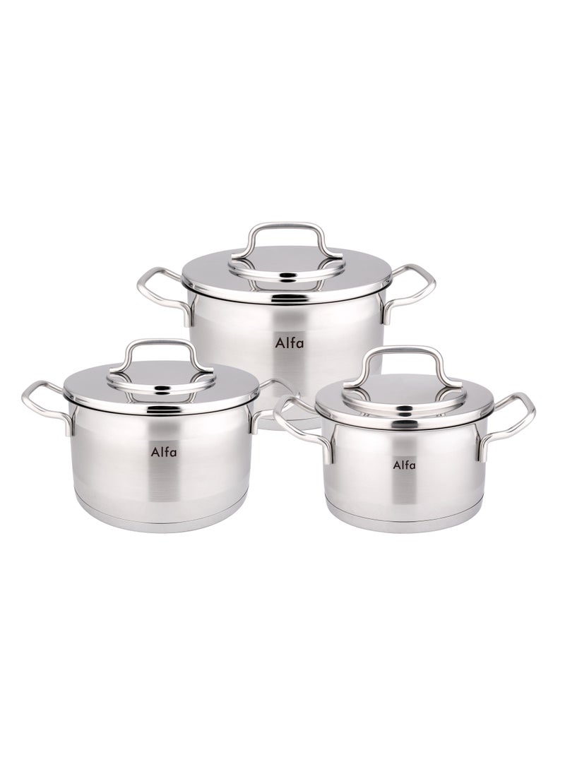 9-Piece Alfa Premium Cookware Set - 18/10 Cr-Ni Stainless Steel - 3 Deep Pots - 1 Low Pot - 1 Frypan