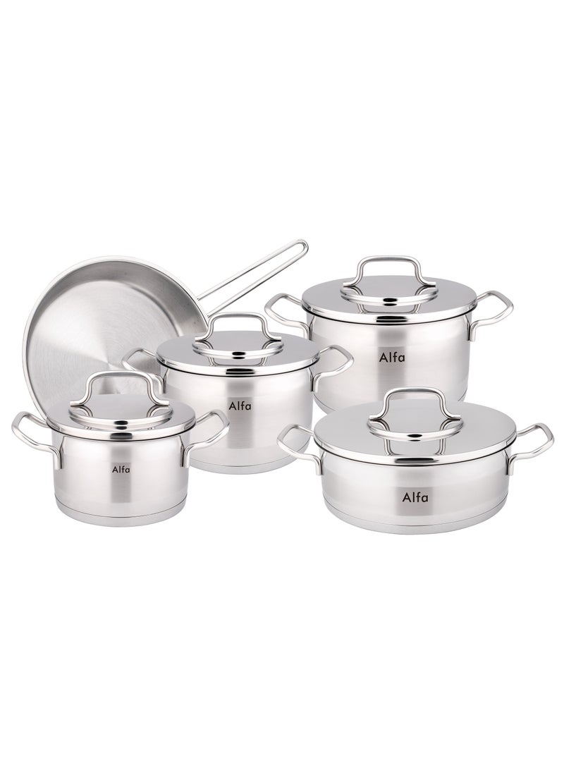9-Piece Alfa Premium Cookware Set - 18/10 Cr-Ni Stainless Steel - 3 Deep Pots - 1 Low Pot - 1 Frypan