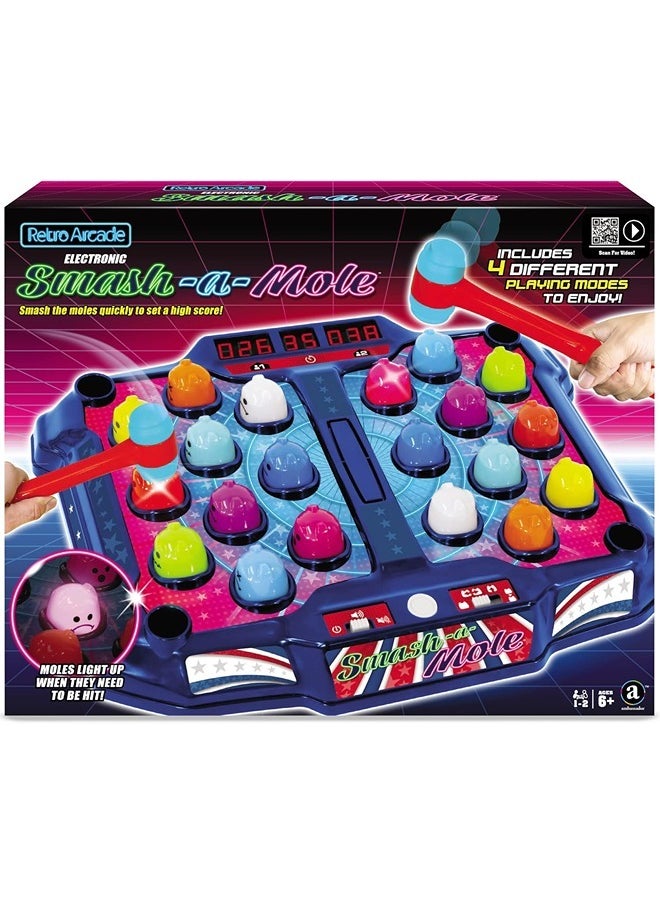 Merchant Ambassador Retro Arcade: Electronic Smash-A-Mole - Hyper Neon Black Series - Tabletop Game, Moles Light Up, 4 Playing Modes, 1-2 Players, Ages 6+